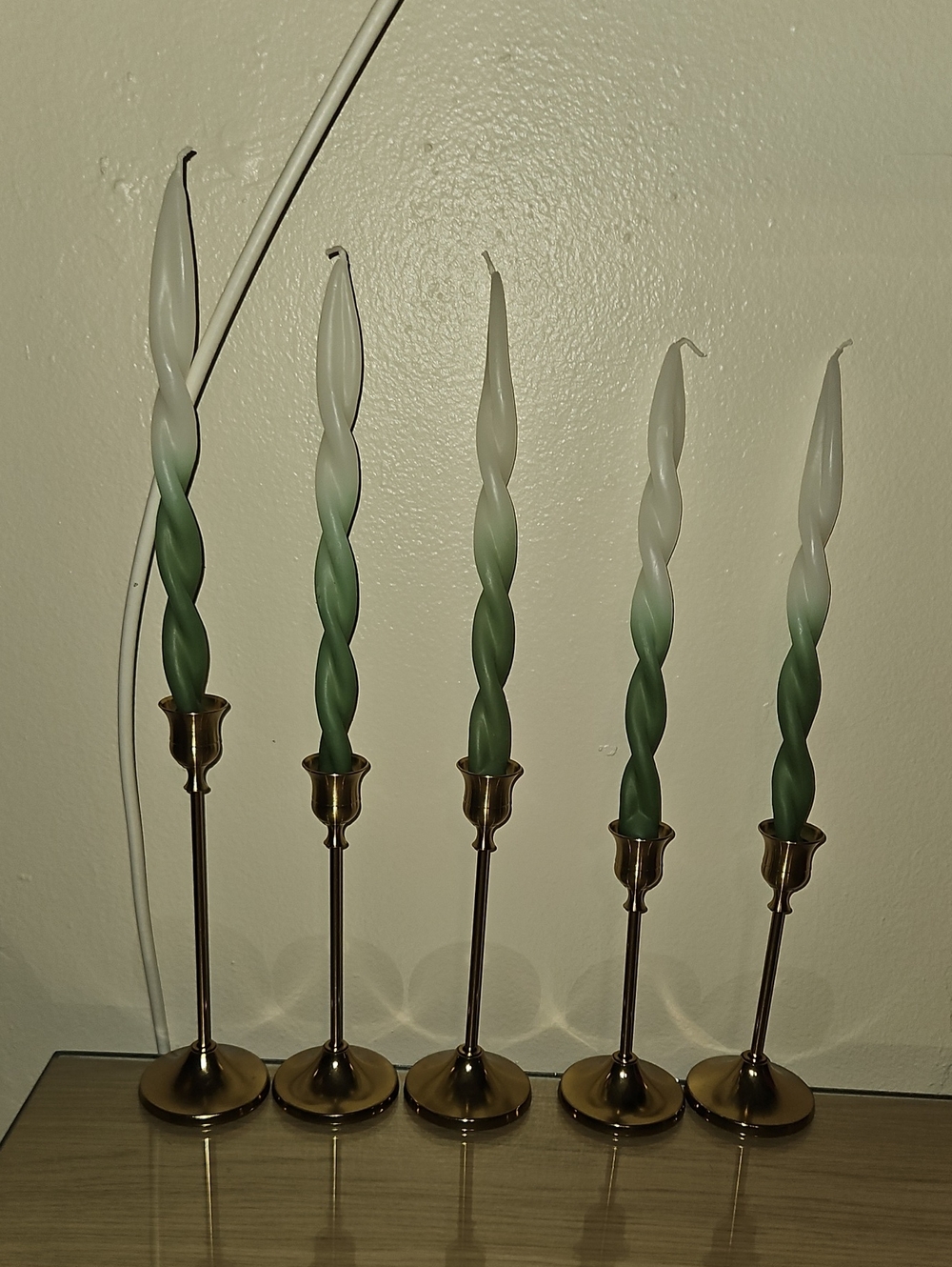 5 Twist Taper Candles with Brass Holders - Green & White